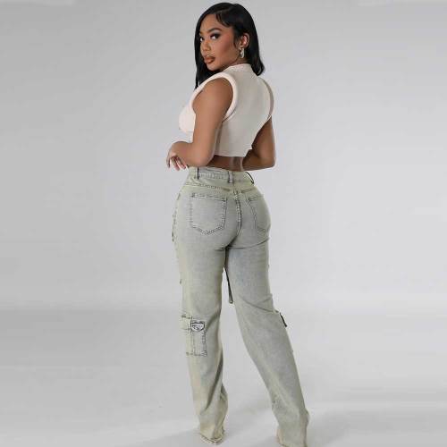 Washed Zipper Jeans Casual High Elastic Denim Trousers