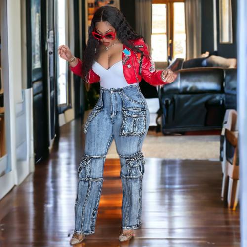 Casual Multi-pocket Washed Cargo Straight-leg Jeans