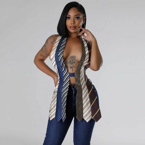 Sexy Backless Lace-up V-neck Striped Tie Stitching Vest