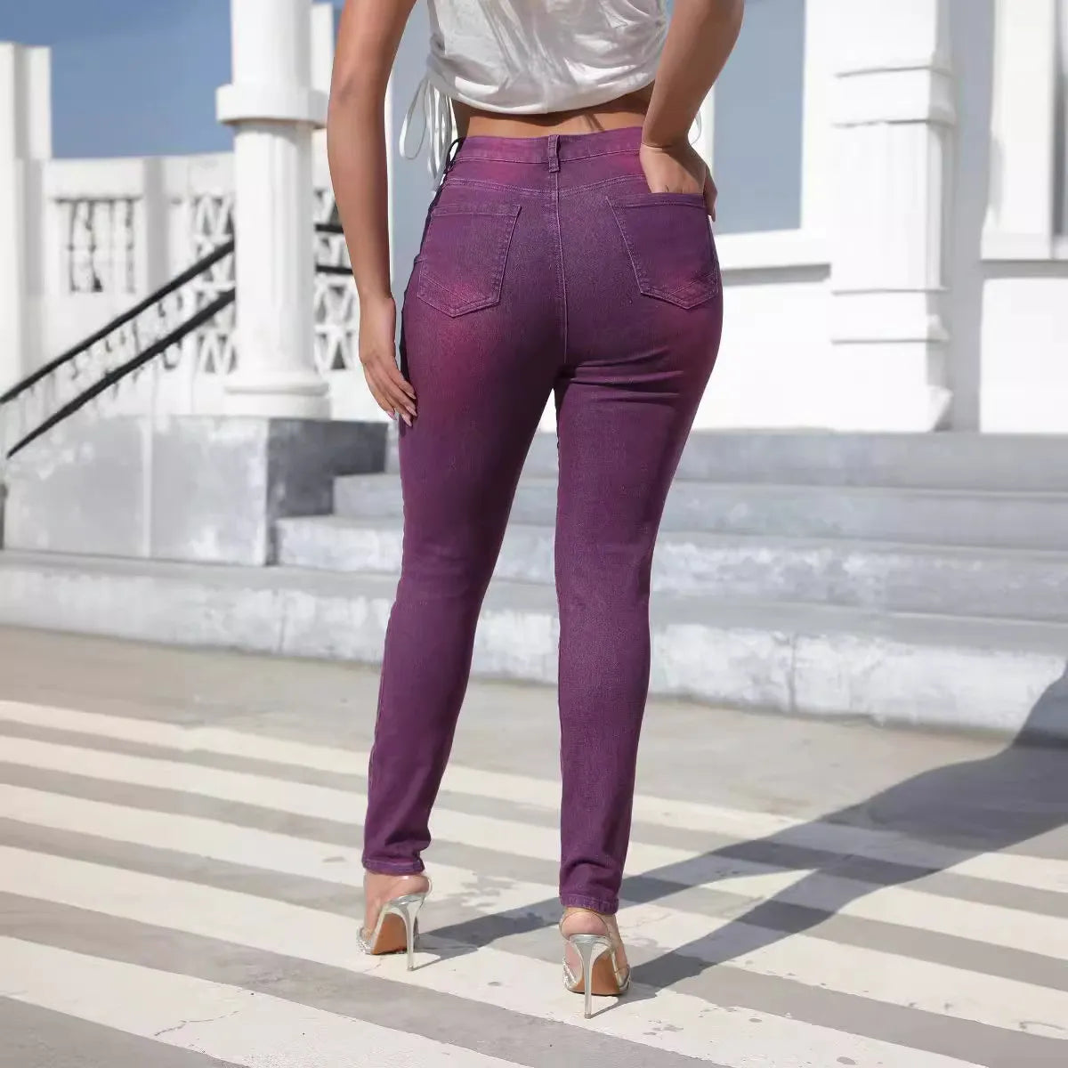 Denim Pants Women Washed Skinny Elastic Waist High Waist Jeans