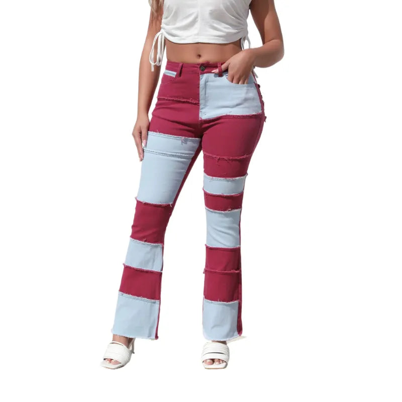 Fashion Patchwork High Waist Tight Hip Horn Women's Denim Trousers