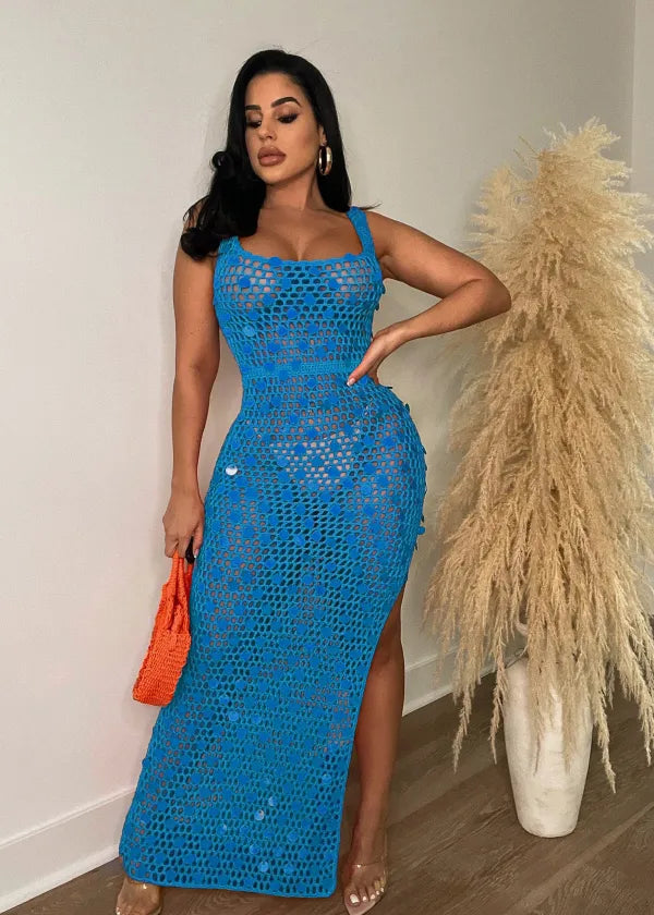 Hand-knitted Casual Hollow Sequined Vest Split Beach Dress