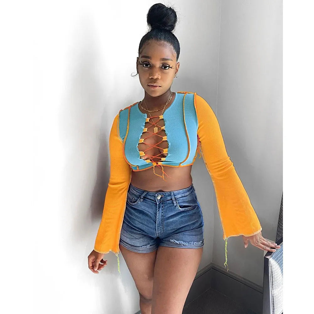 Sexy Contrast Color Stitching Pit Lace-up Crop Top