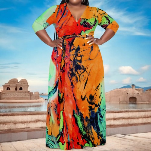 Casual Print V Neck Plus Size Maxi Dress