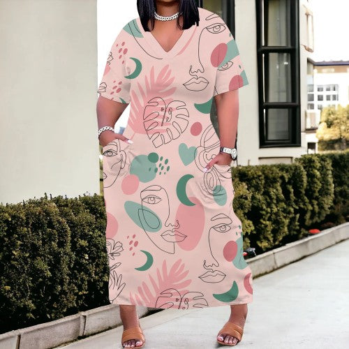 Casual Print V Neck Plus Size Maxi Dress