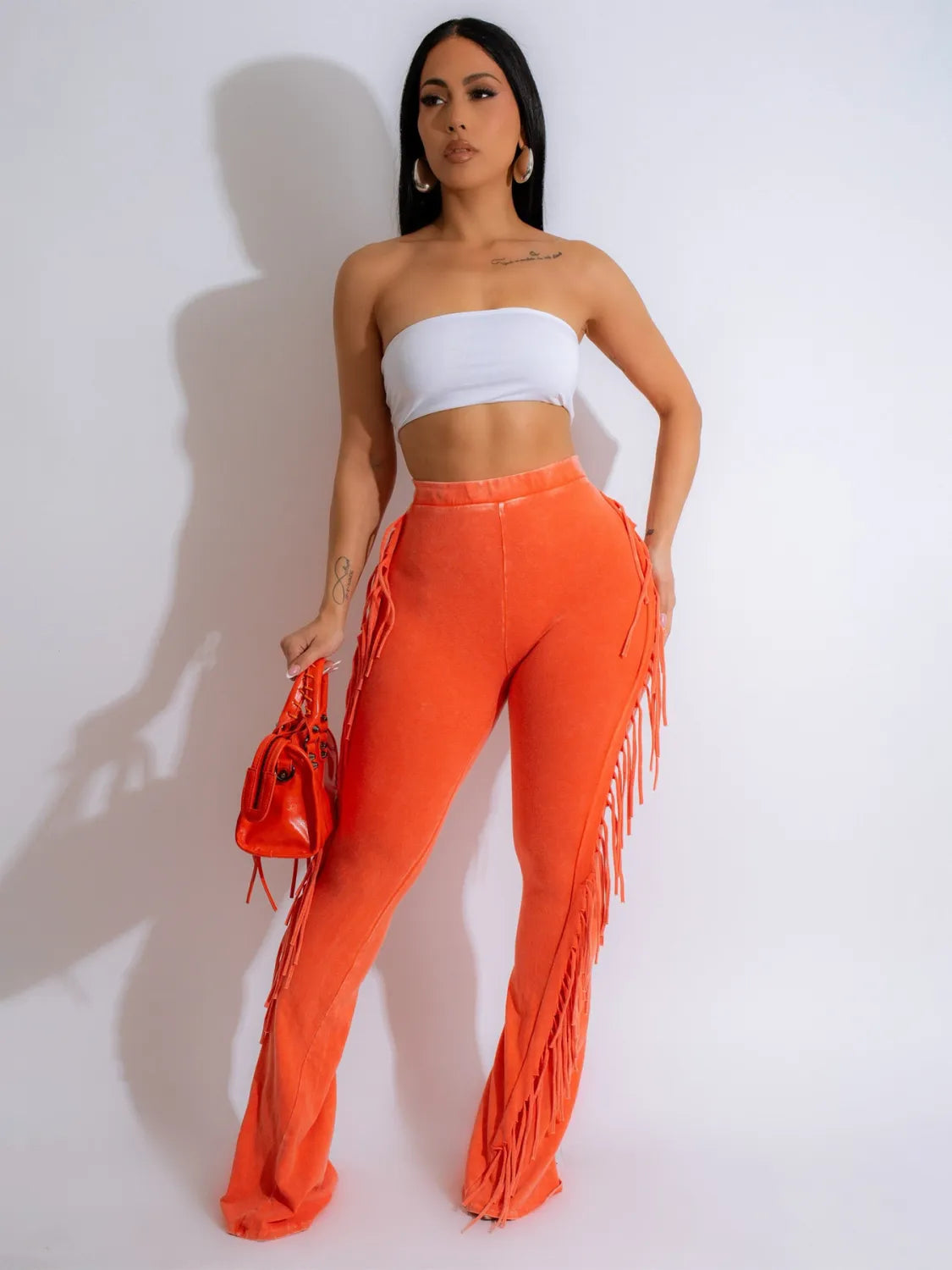Elastic Washed Cotton Distressed Fringed Tight Flared Trousers