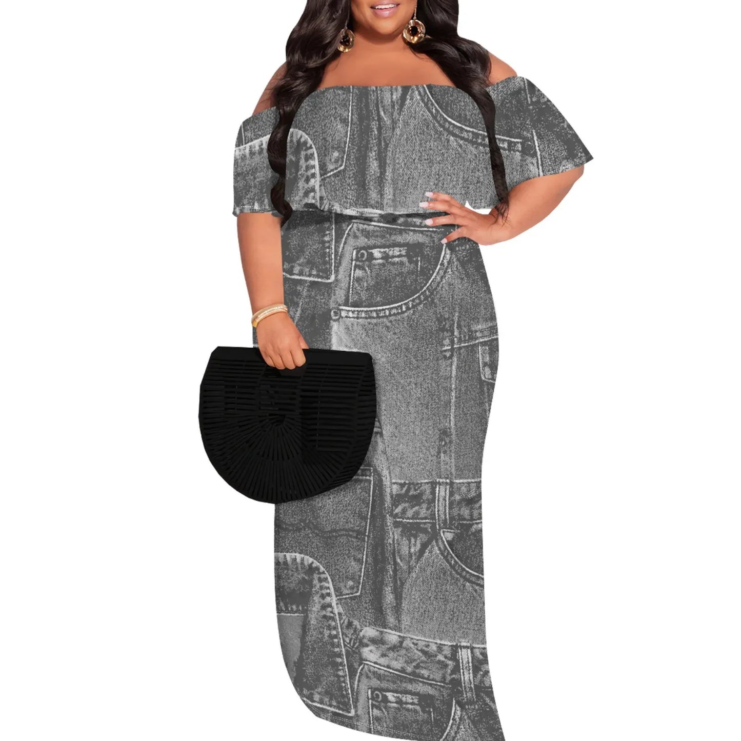 Casual Print Off Shoulder Plus Size Maxi Dress
