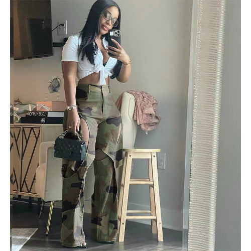 Fashion Digital Printing Hole Cross Workwear Straight Pants