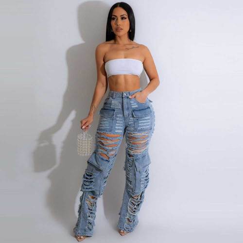 2023 Ripped Jeans Women 90s High Waist Straight Y2K Washed Denim Trousers