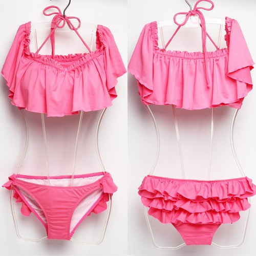 SOLID OFF SHOULDER RUFFLED BIKINI PUSH-UP UNDERWIRE SWIMSUIT