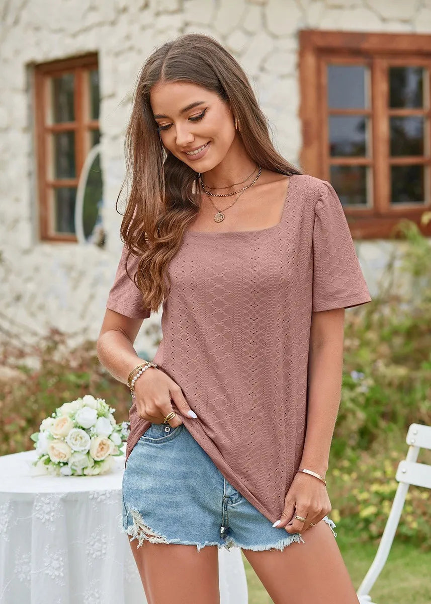 Square Collar T-shirt Hole Short Sleeve Casual Tops