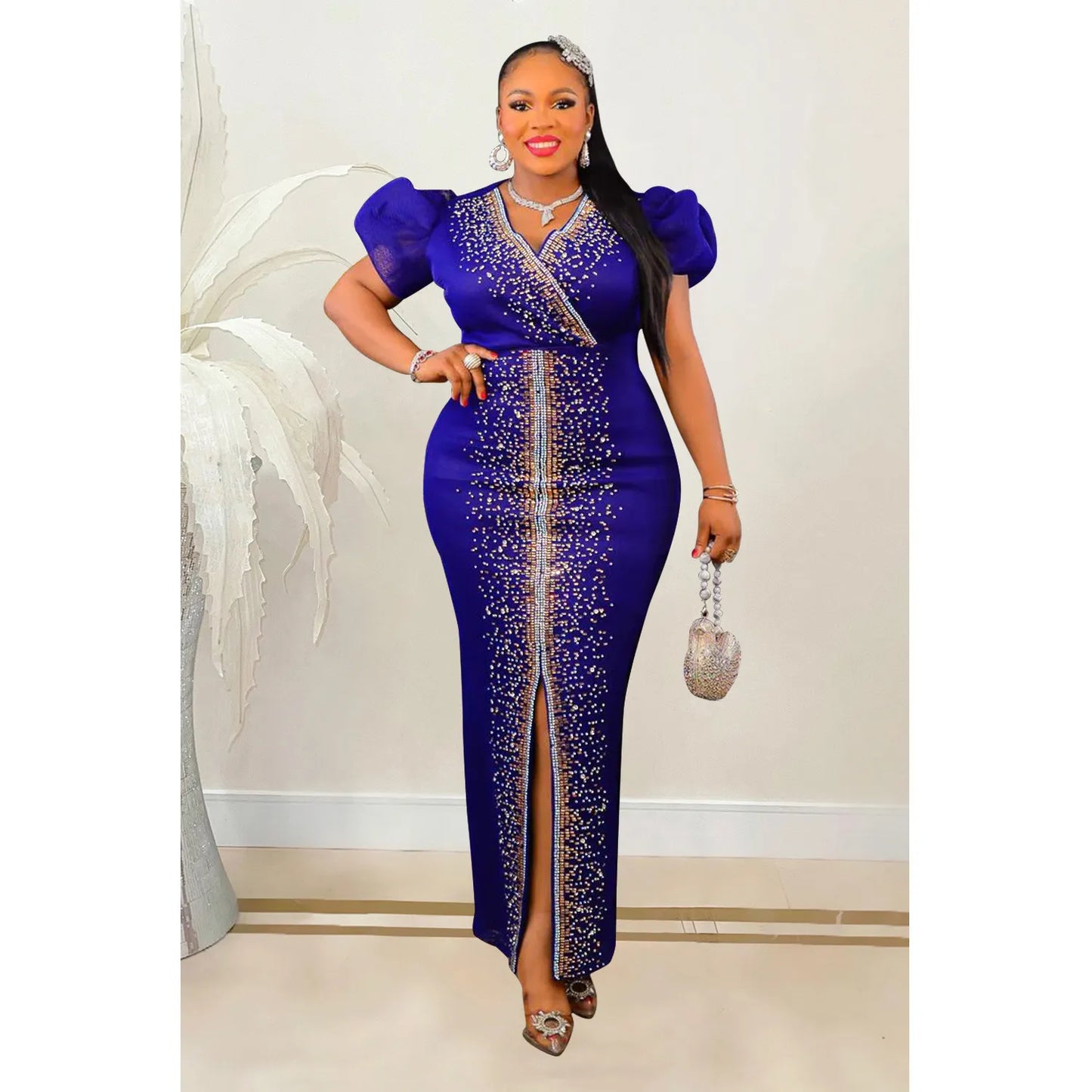 Fashion Beaded Puff Sleeve Elastic V-Neck Maxi Dress