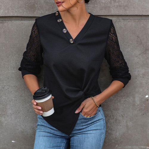 Contrast Lace Twist Front Asymmetrical Hem Tee