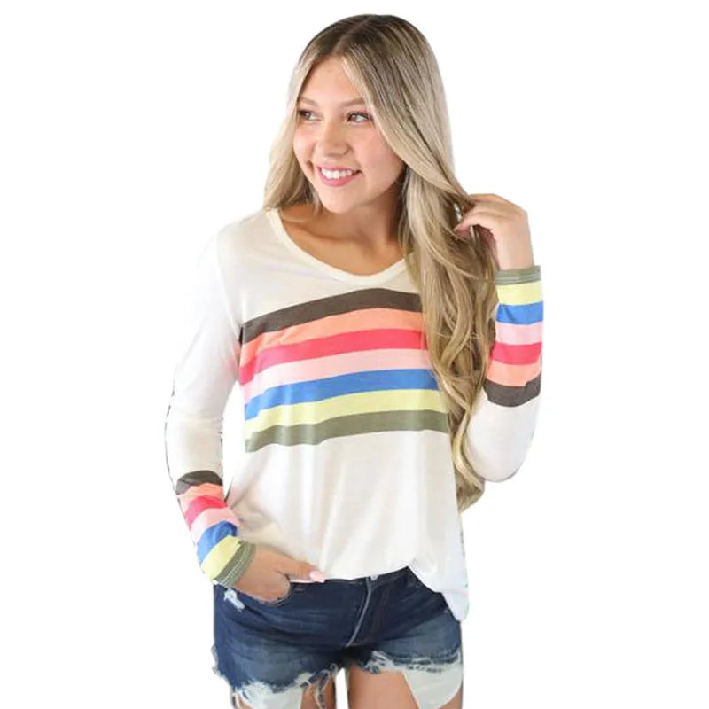 RAINBOW STRIPED COTTON V-NECK TOP