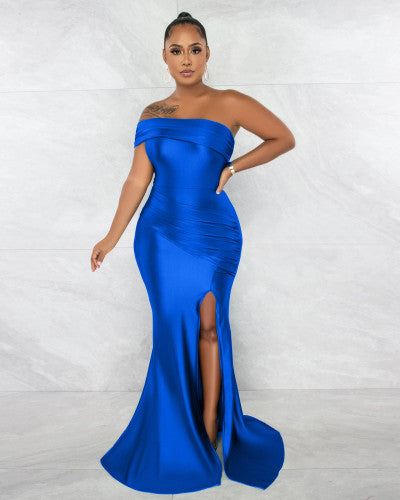 Drape Single Shoulder Side Slit Maxi Dress