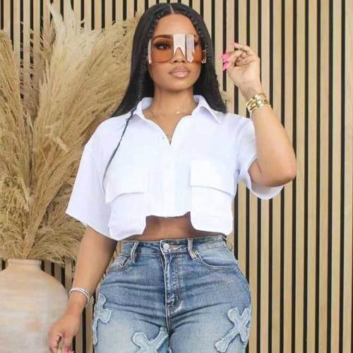 WOMEN'S SHORT SLEEVE UNIQUE SOLID CROP SHIRT