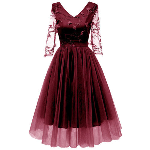 Women's V Neck Lace Sleeve Vintage Floral Dress