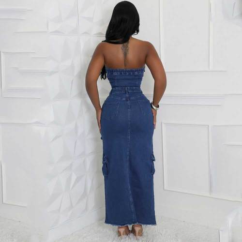 3D Pocket Autumn Slit Strapless Denim Long Dress