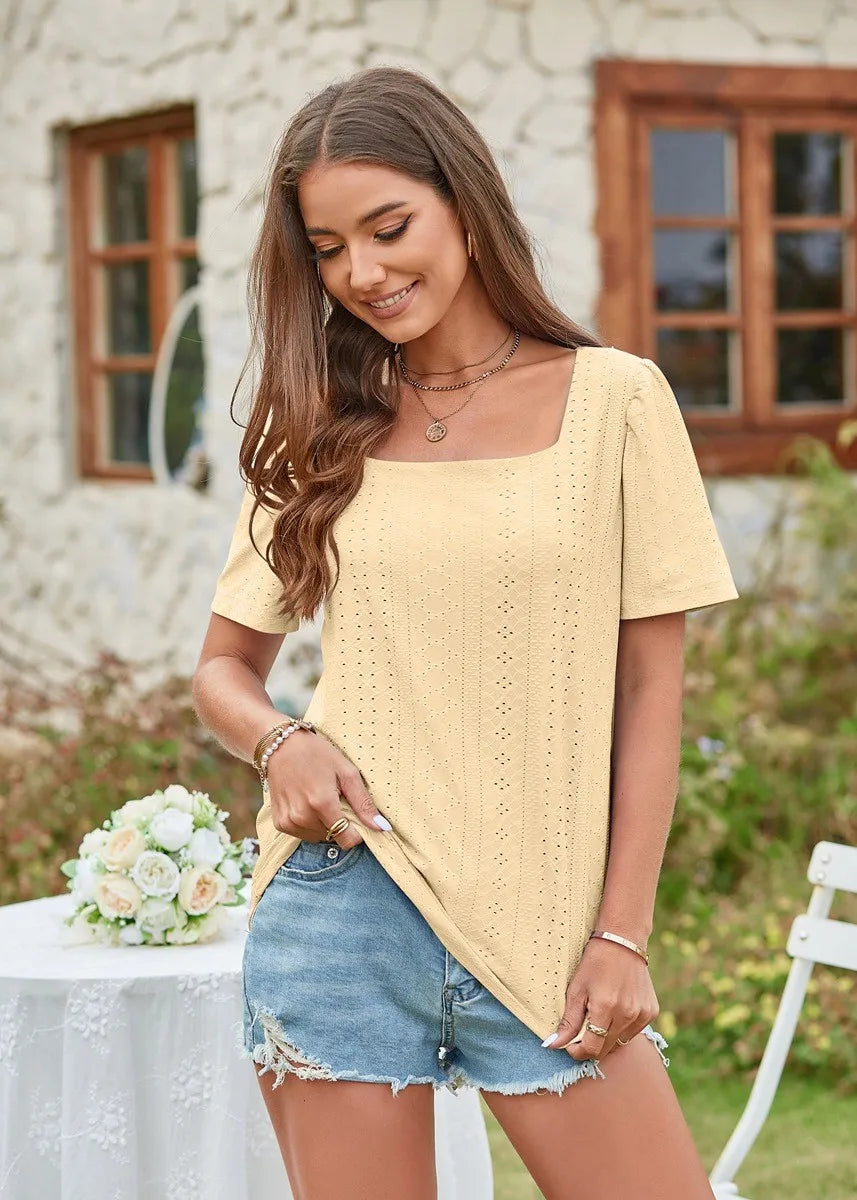 Square Collar T-shirt Hole Short Sleeve Casual Tops