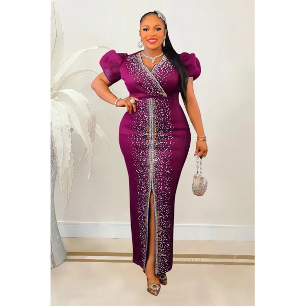 Fashion Beaded Puff Sleeve Elastic V-Neck Maxi Dress