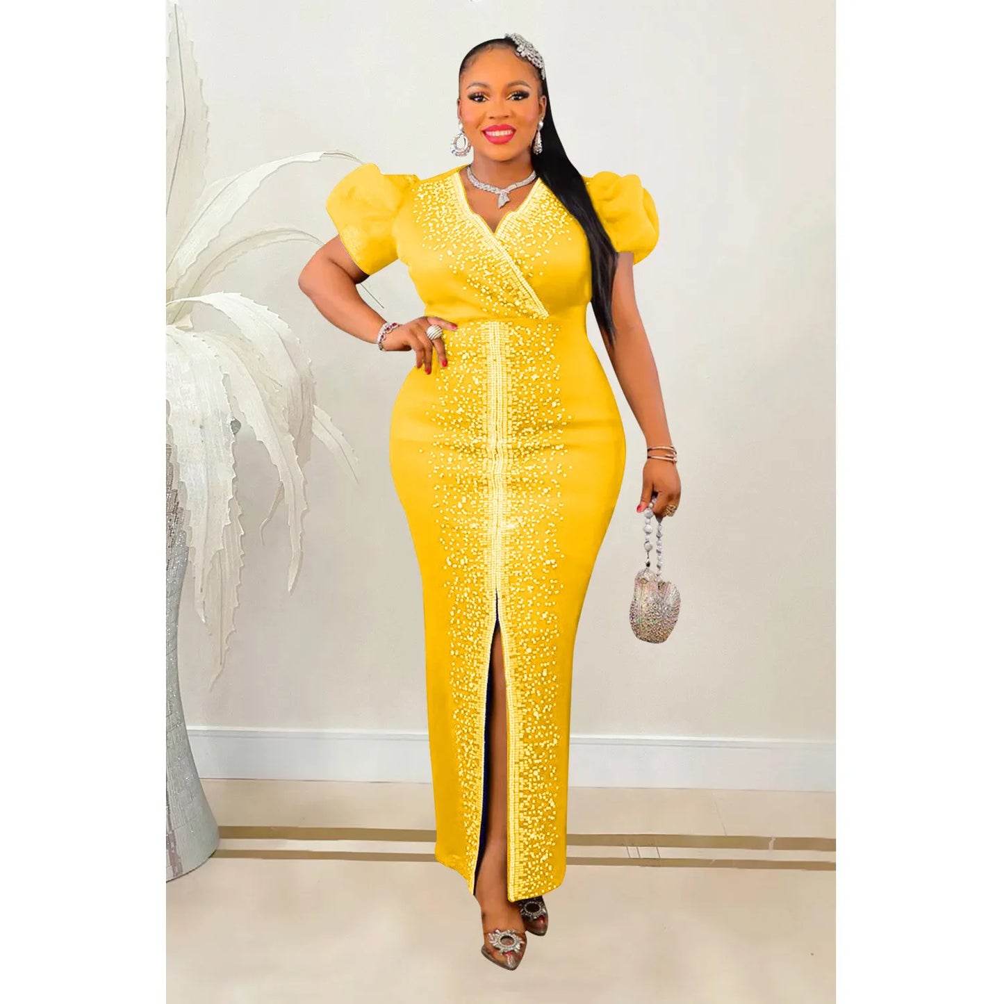 Fashion Beaded Puff Sleeve Elastic V-Neck Maxi Dress