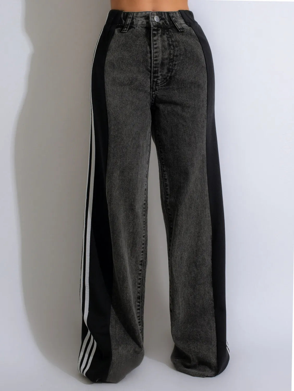 Stripe Splicing Jeans Denim High Waisted Button Straight Trousers