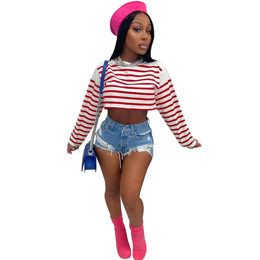 Casual Striped Printed Long Sleeve Cropped Top