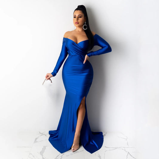 Solid Color Off Shoulder V Neck Split Evening Party Dresses