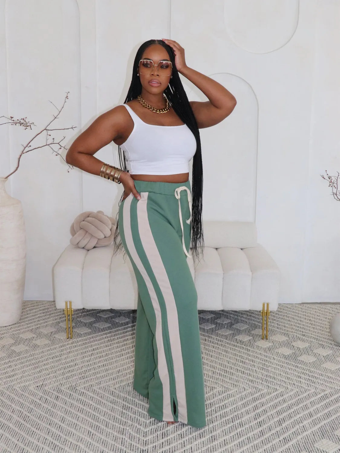 Loose Double Stripe Contrast Color Casual Wide Leg Pants