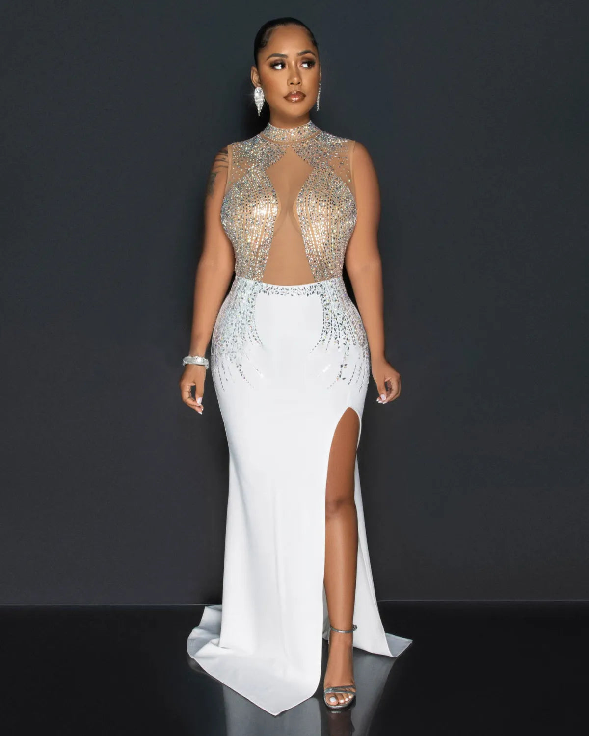 Sexy Party Elegant Formal Patchwork Slit Mesh Hot Drill Half A Turtleneck Asymmetrical Dresses