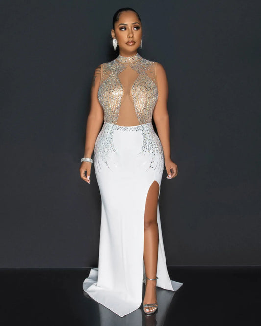 Sexy Party Elegant Formal Patchwork Slit Mesh Hot Drill Half A Turtleneck Asymmetrical Dresses
