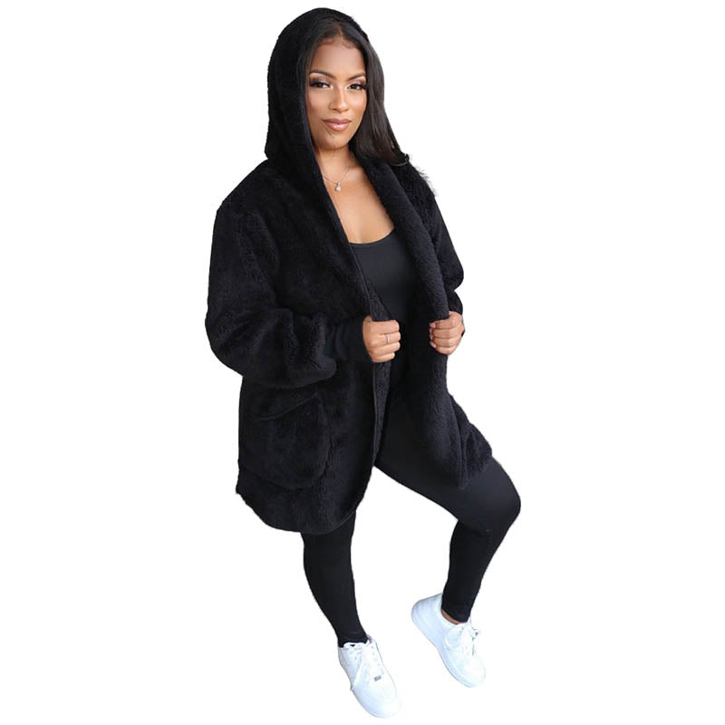 FAUX-FLEECE LONG SLEEVE POCKET HOODED COAT