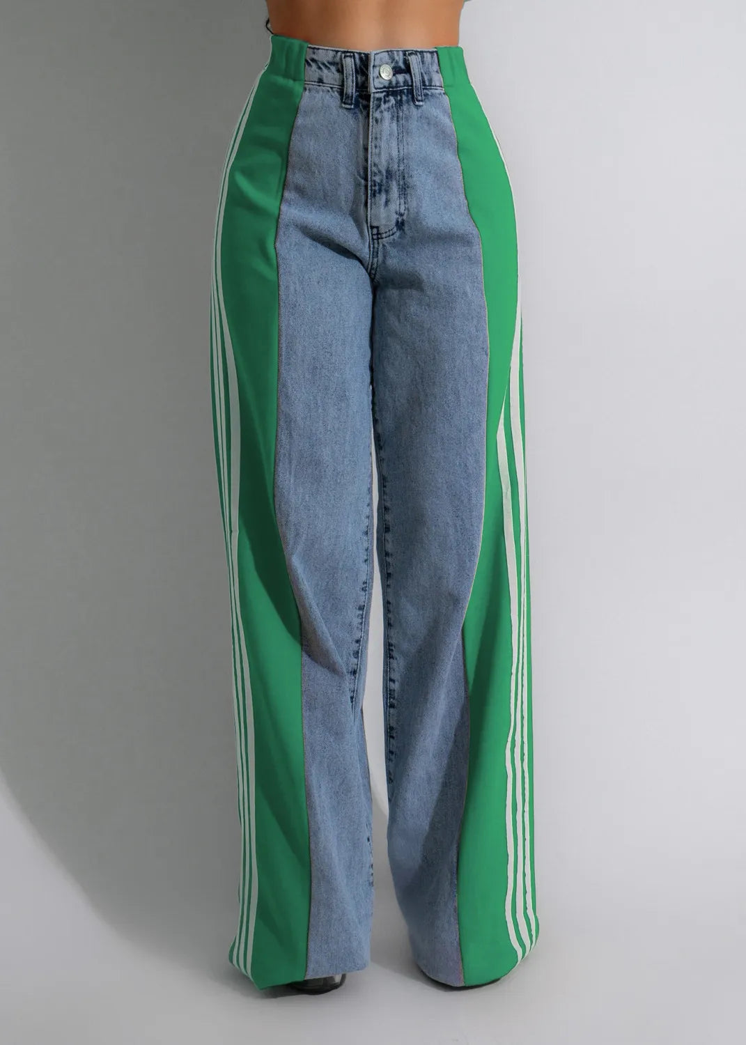 Stripe Splicing Jeans Denim High Waisted Button Straight Trousers