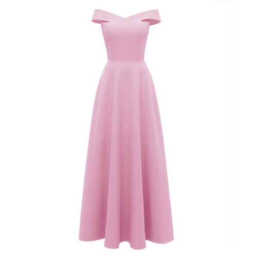 Satin V Neck Off Shoulder Maxi Bridesmaid Dress