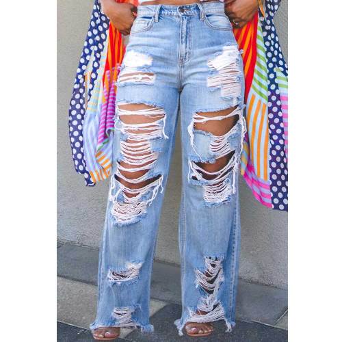 Women's Y2K Straight Leg Trousers Ripped Denim Distressed Jeans