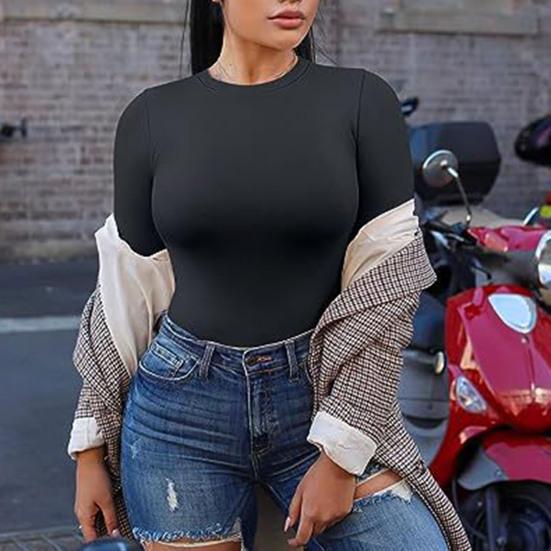 Solid Color Women Blouse Casual Round Neck Long Sleeve Tee