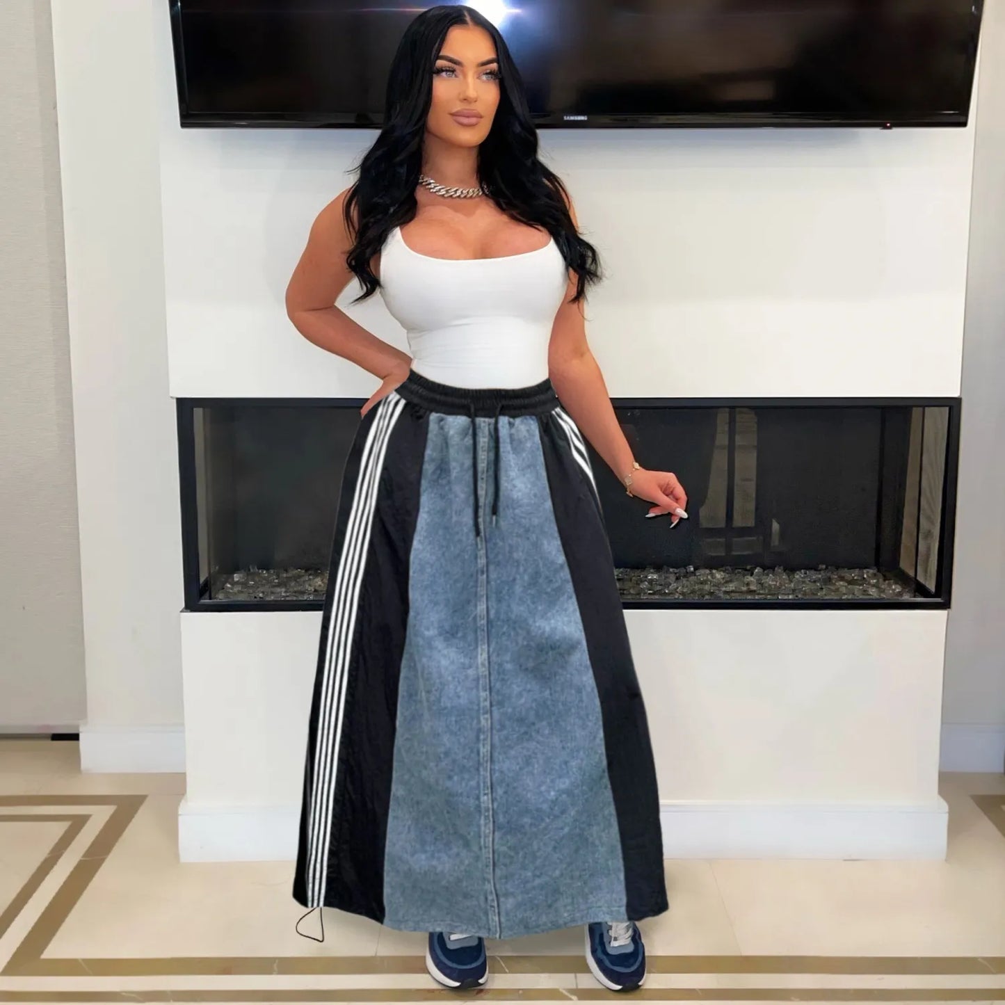 Retro Denim Patchwork Stripes A-Line Loose Skirt