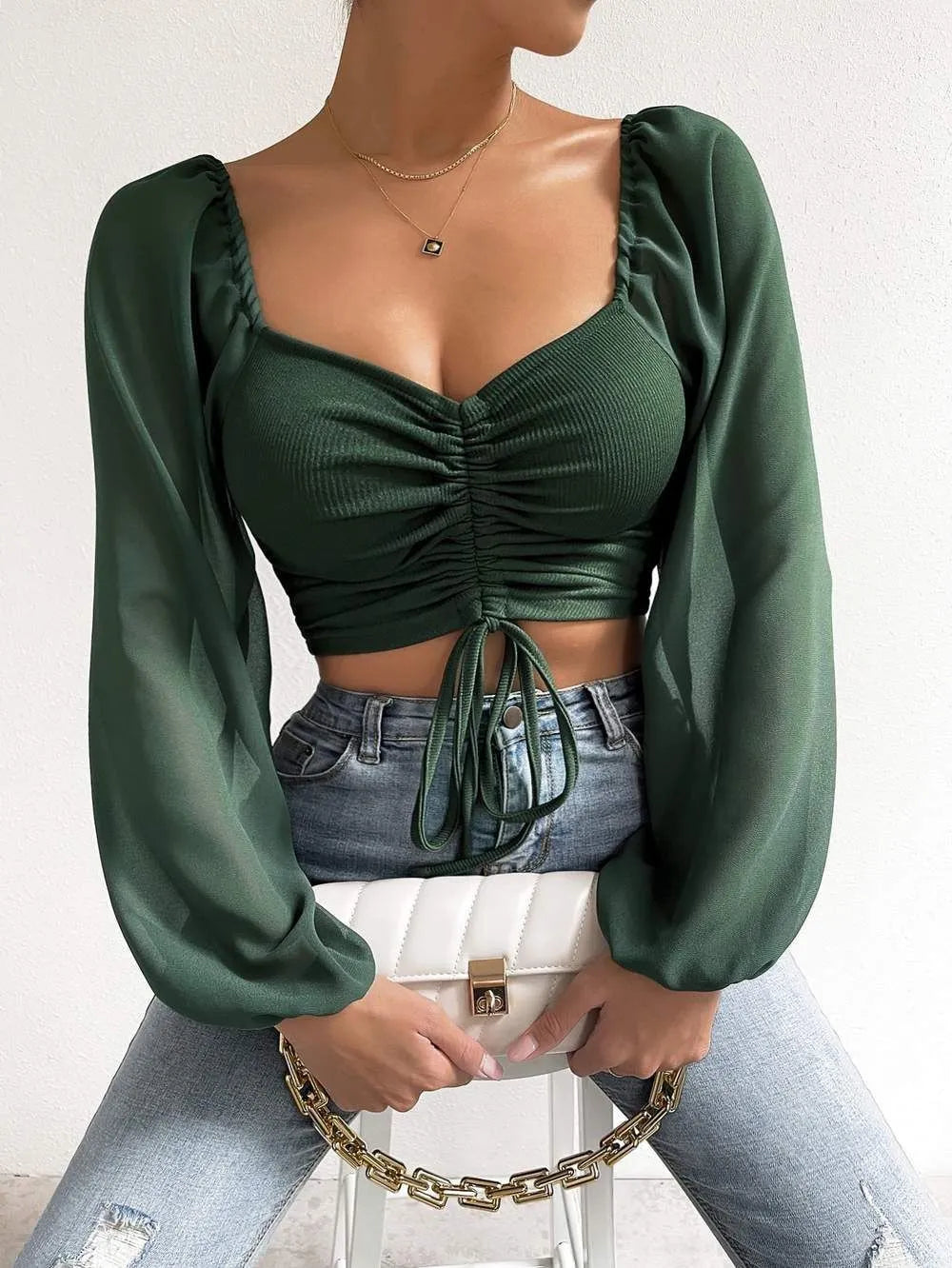 Pit Stitching Chiffon Drawstring Balloon Sleeves Fashion Crop Tops