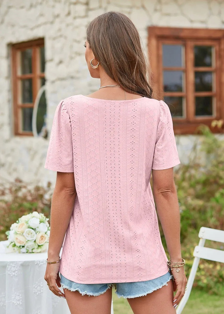 Square Collar T-shirt Hole Short Sleeve Casual Tops