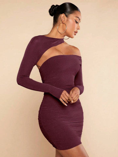 SEXY TWIST FRONT CUT OUT SPLIT CUFF RUCHED BODYCON DRESSES