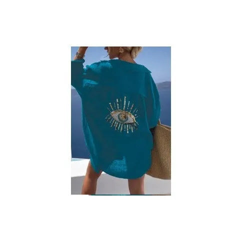 Women's Ladies Evil Eye Button Up Oversized Summer Tunic Shirt Tops