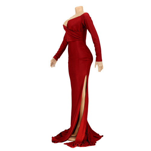 Solid Color Off Shoulder V Neck Split Evening Party Dresses