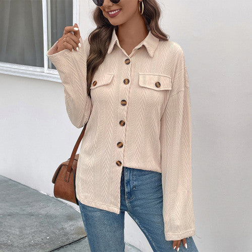 Womens Jacquard Knitting Shirt Jacket Button Down Blouse Long Sleeve Tops