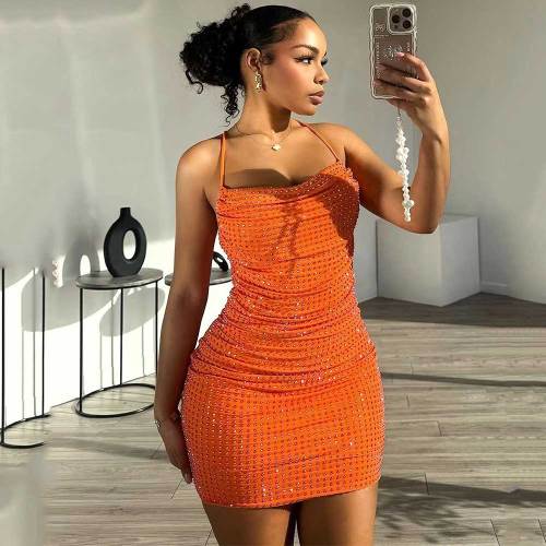 Solid Color Hot Diamond Strap Low Waist Bodycon Dress