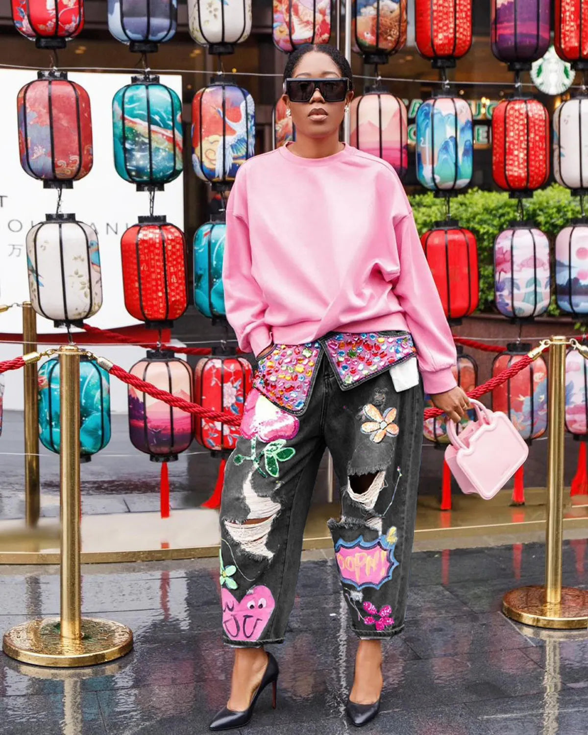 Fashion Hot Drilling Printed Ripped Jeans