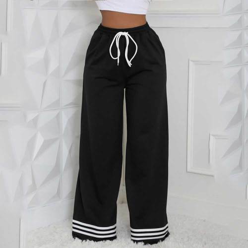 Loose Striped Contrast Wide Leg Trousers With Pocket
