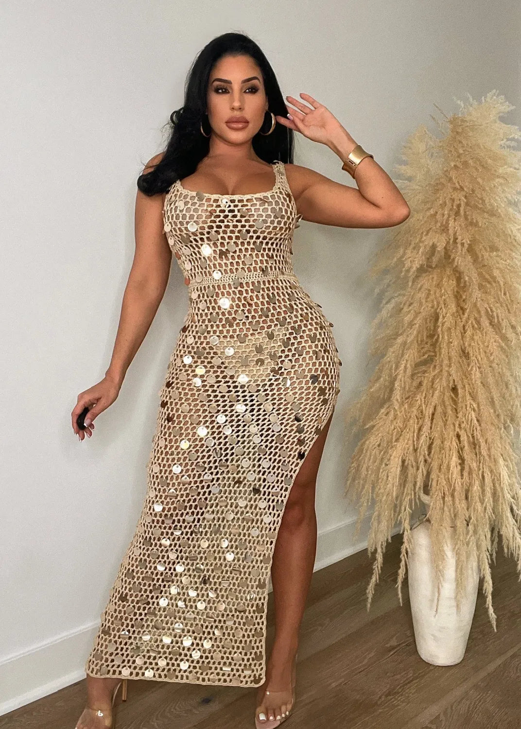 Hand-knitted Casual Hollow Sequined Vest Split Beach Dress