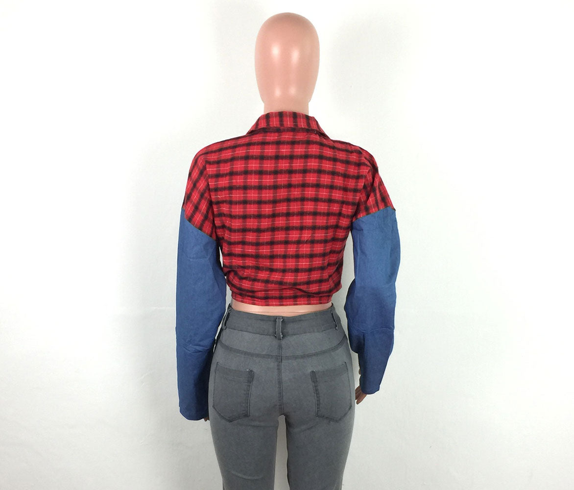 Colorblock Lapels Knotted Cardigan Shirt