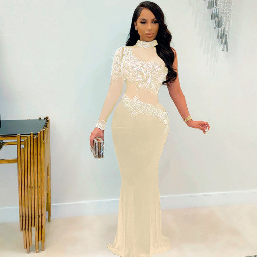Plus Size Hot Drilling Mesh Long Gowns Formal Party Wear Evening Dresses