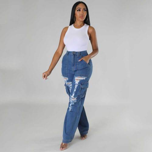 Loose Casual Pants High Waisted Wide Leg Ripped Jeans